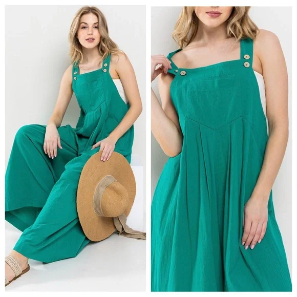 05 Solid Linen Blend Three Buttons Adjustable Strap Jumpsuit - Picture 5 of 5